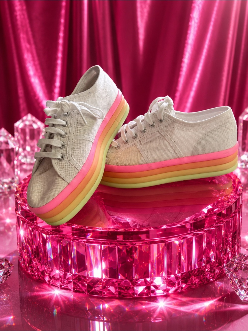 🩷🧡💛Superga Canvas Platform Sneakers with Pink Rainbow Sole